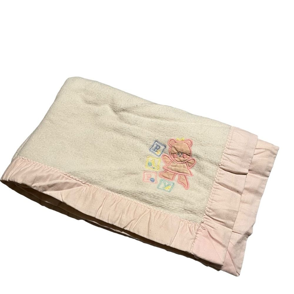 VTG Bundles by Sterncraft Baby Blanket Bear Blue Blocks Acrylic USA Satin Pink